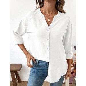 Women’s Cotton Button Down Shirt – Long Sleeve V-Neck Linen Blouse